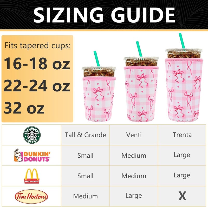 YR Reusable Neoprene Insulator Sleeve for Iced Coffee Cups, 3 Pack Coffee Coolies sleeves for Iced & Hot Drinks, Cold Beverage Cooler Compatible with Starbucks Coffee and More (Cute Bows) - Image 3